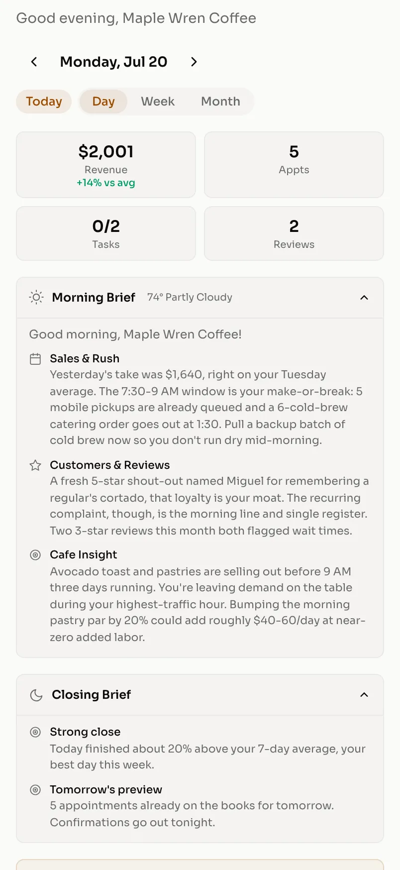 Café morning briefing in Manyger