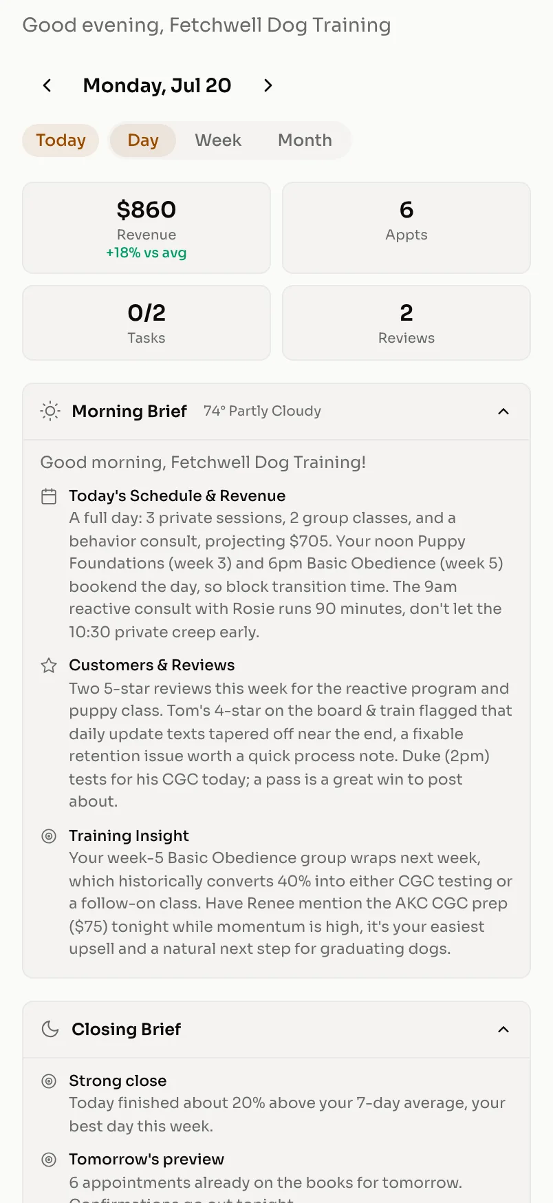 Dog training morning briefing in Manyger